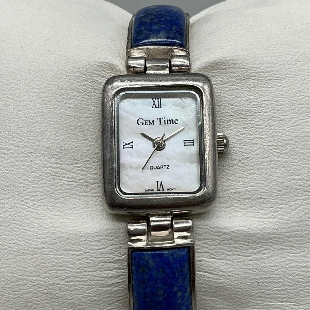 Gem Time Womens Watch 19mm MOP Dial Silver Tone Lapis Bracelet New Battery 7
